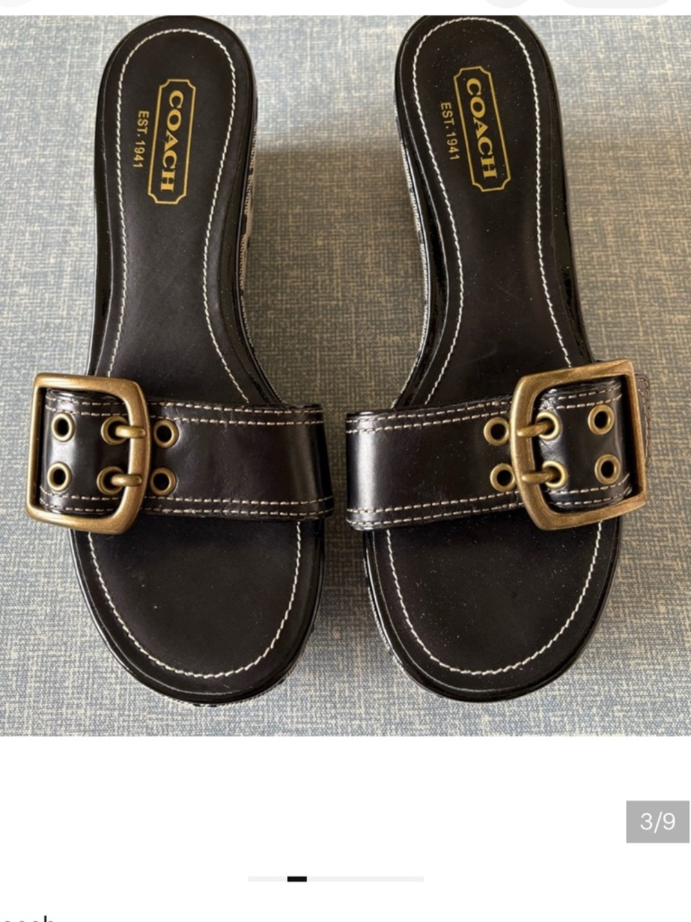 ISO -COACH Black Leather Slide Sandals with Brass Buckles